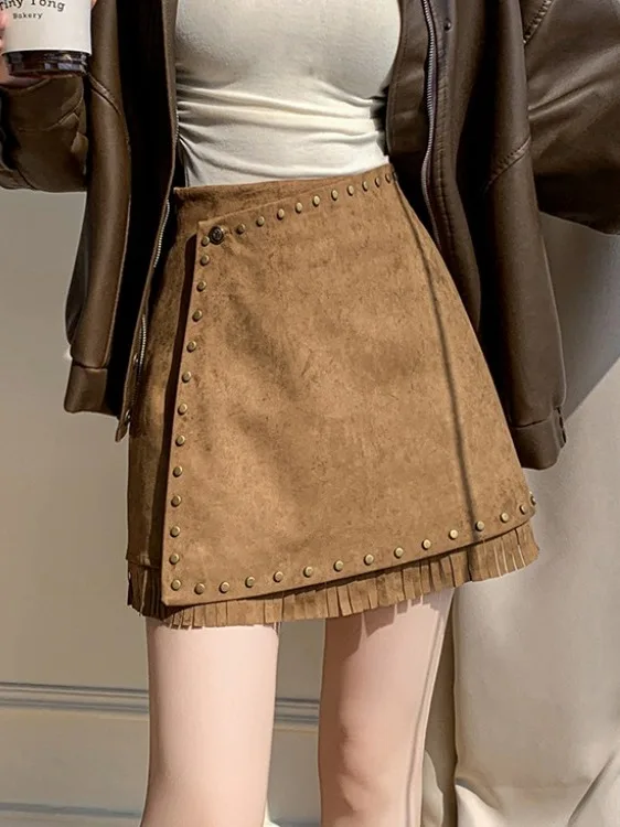 

Retro Deer Skin Velvet A-Line Skirt Women's Spring Autumn Winter High Waist Versatile Faion Wrap Body ort Skirt