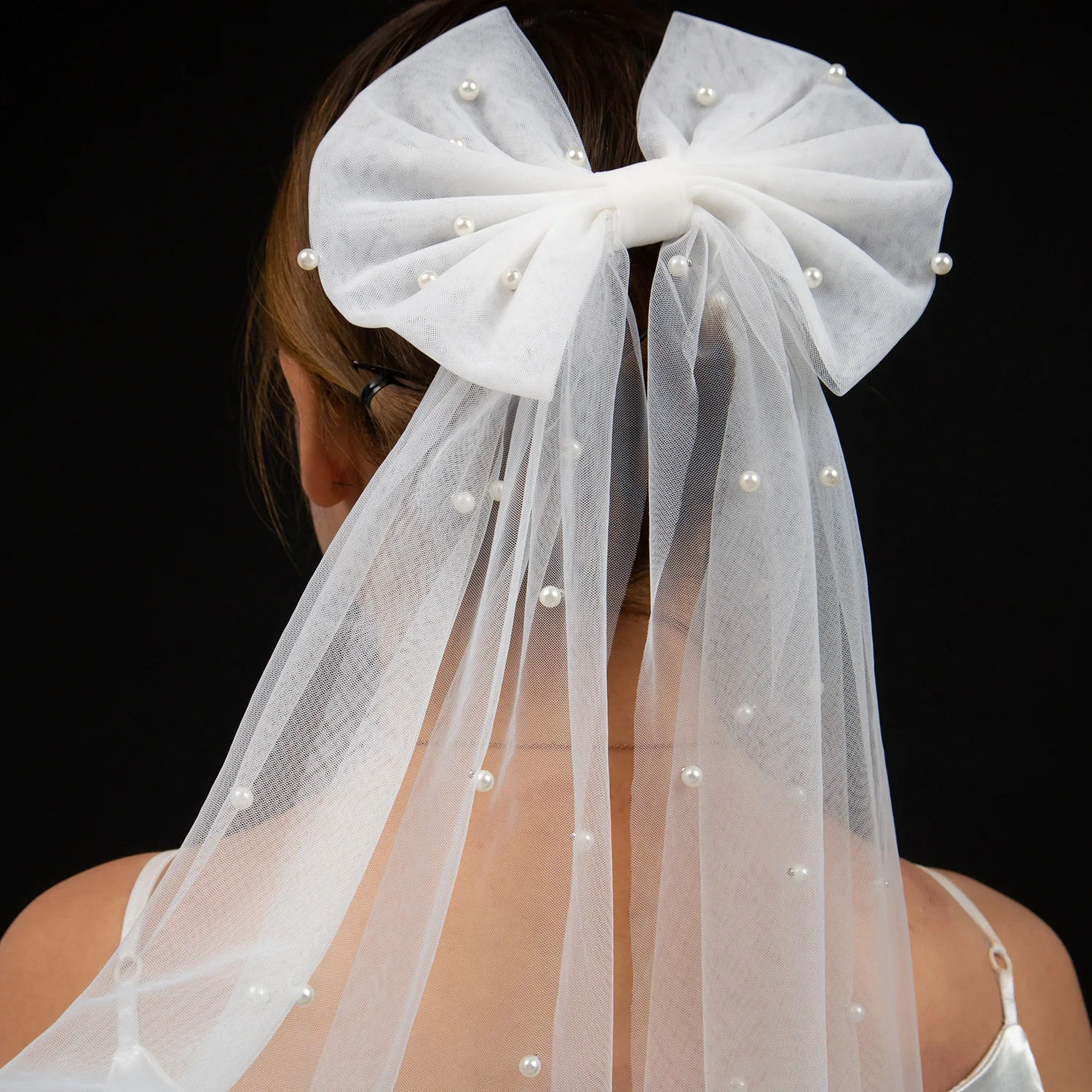 Elegant Bridal Bow Veil with pearl Bridal Wedding Headdress Short Veil Back Head Decor Hair Accessories