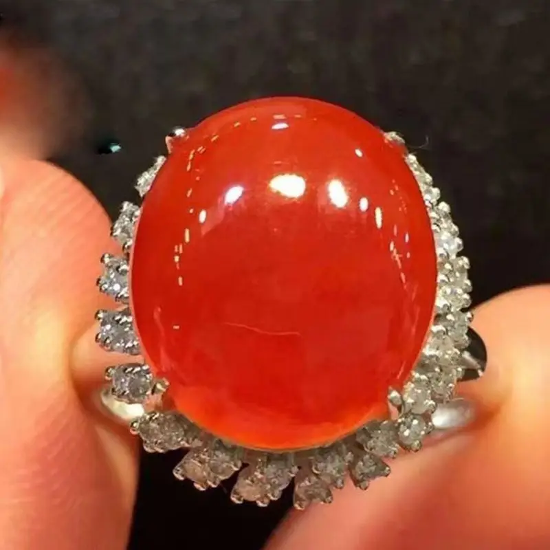 

Natural old pit chalcedony egg surface ice type red jadeite egg surface chalcedony ring female luxury high-end gold-plated tempe