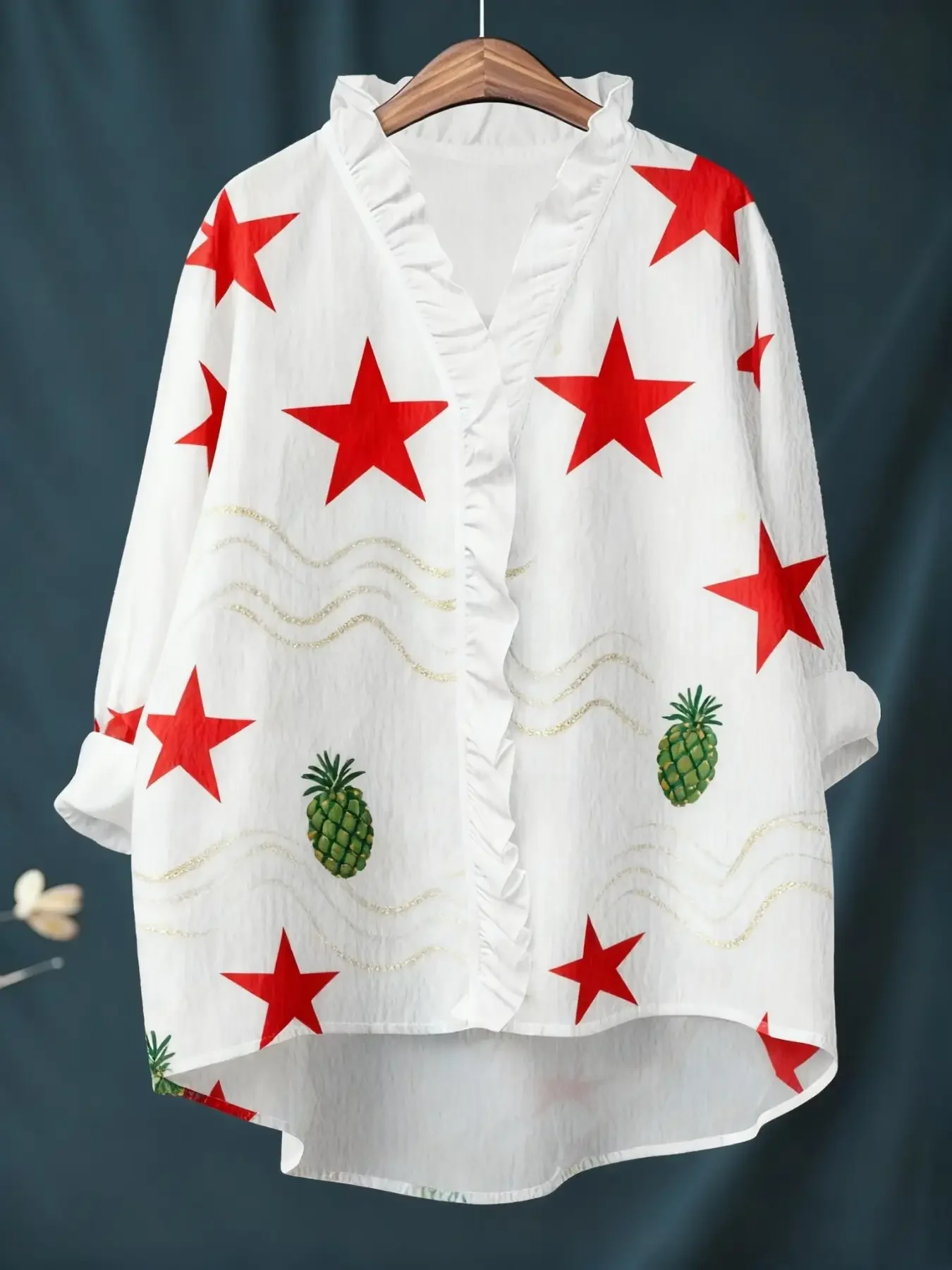 Women's Christmas digital printed new long sleeved shirt with ruffled collar, Christmas gift print for packaging pine cones