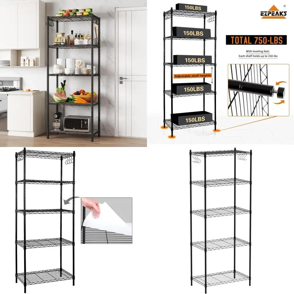 

5-Tier Steel Shelving Unit with Adjustable Wire Shelves, 100lbs Capacity, Black, for Kitchen and Garage (23.6W x 14D x 59H)