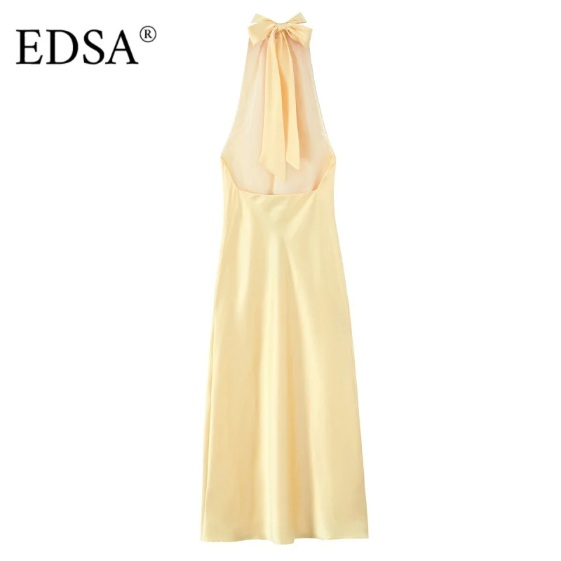 EDSA 女性イエローサテンミディドレスホルターネックハイウエストノースリーブオープンバック女性のロングドレスパーティーホリデー用