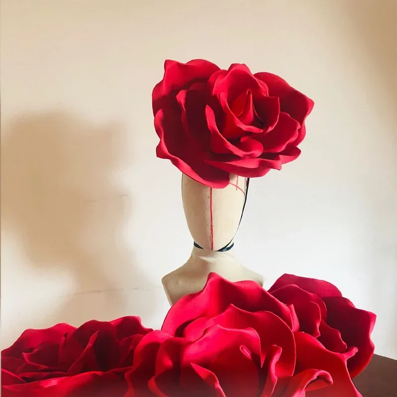 

Rose Headdress Exaggerated Nightclub GoGo Performance Team Valentine'S Day Red HeadWear Rave DJ Costume Festival Accessories