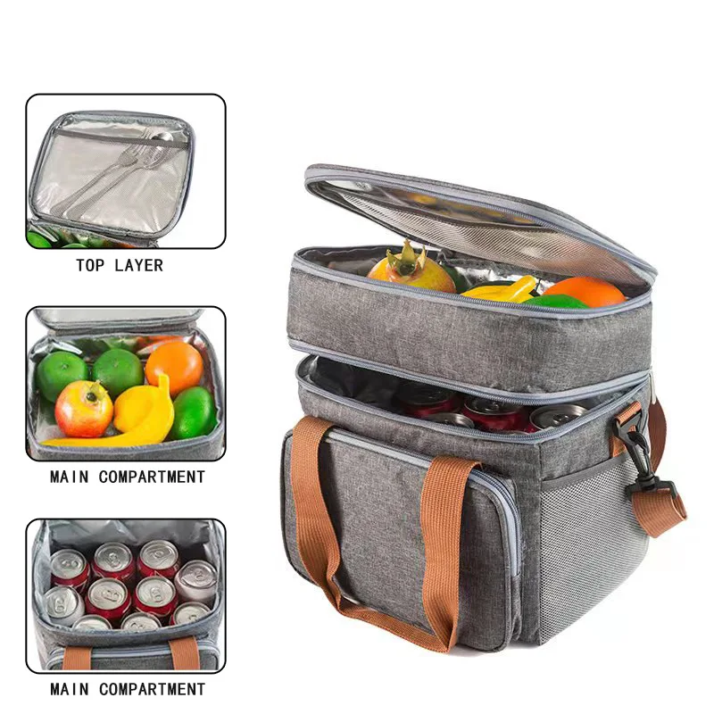 

Double Layer Lunch Bag Large Capacity Crossbody Outdoor Picnic Waterproof Cooler Bag Insulation Bag