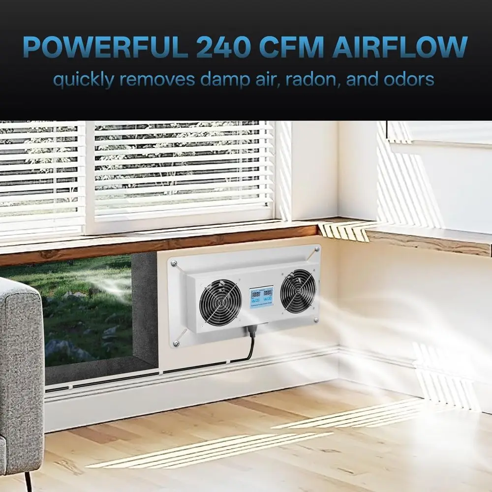 240 CFM Crawlspace Ventilation Fan with Thermostat and Humidistat for Moisture Control, Radon Reduction, and Freeze Protection i