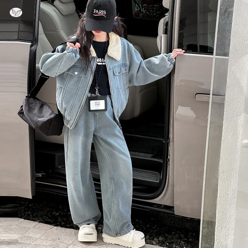 الفتيات الدنيم الزي مجموعة 2025 الشتاء موضة الفراء طوق سترة قصيرة بنطال ذو قصة أرجل واسعة 2-قطعة رشاقته الدافئة في سن المراهقة الاطفال الملابس 6-14 Y