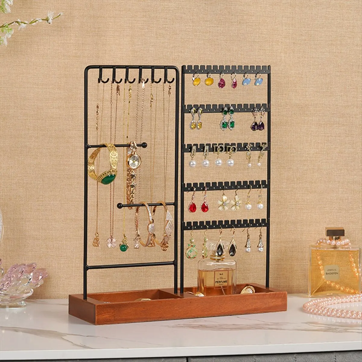 ABQR Earrings Hanger Iron Stand 5 Tier Earrings Rack with Wooden Base for Earrings Necklaces Bracelets Rings-White