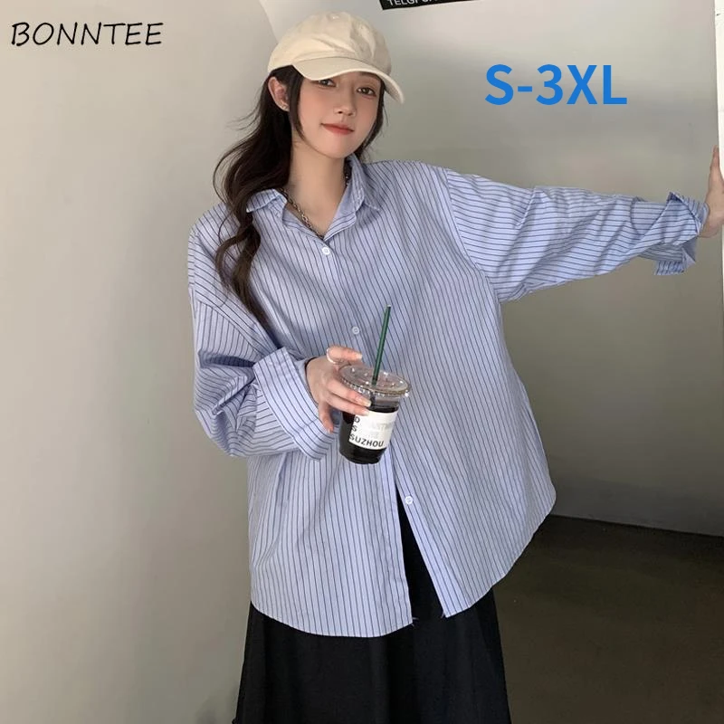 Striped Shirts Women S-3XL Office Lady Casual Design Korean Style Female Aesthetic Simple Elegant Stylish Classic Long Sleeve