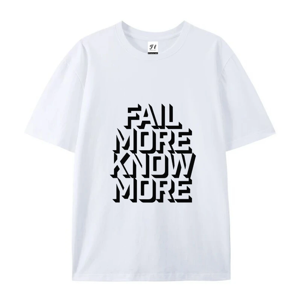 Koszulka z motywacyjnym napisem, beżowa, z grubej tkaniny, z napisem \"Fail More Know More\", luźna, z krótkim rękawem, inspirująca, wygodna.