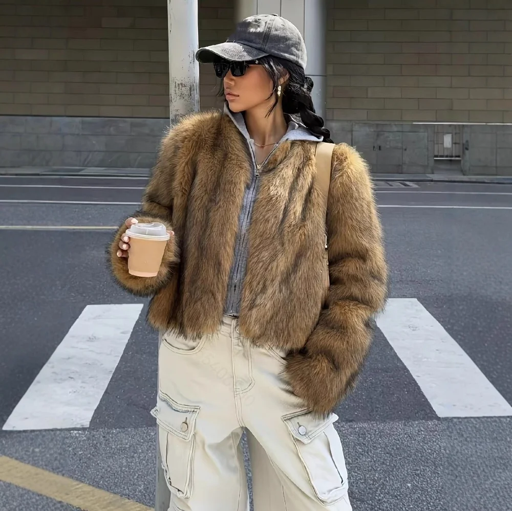 Women New Light Luxury Faux Fur Cropped Jacket Fashion Versatile Round Neck Long Sleeve Fluffy Warm Winter Coat