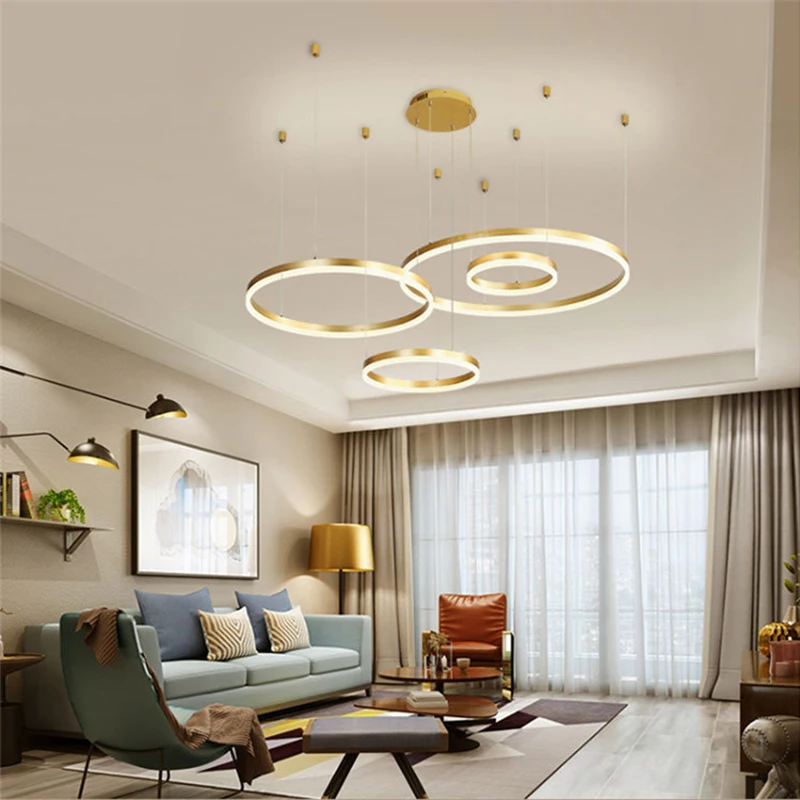 Gold Ring LED Hanging Lamp Acrylic Chandelier Modern Minimalist Style Pendant Light for Home Living Room Restaurant Decoration