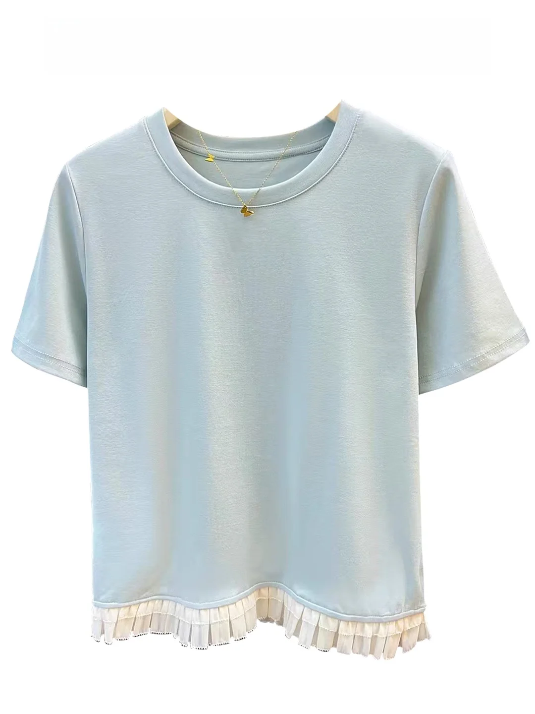 

Gentle Wind Light Blue round Ne ort Sve T-irt Women's Summer Lace Trim Bot Hem oulder Top Comfortable Breathable
