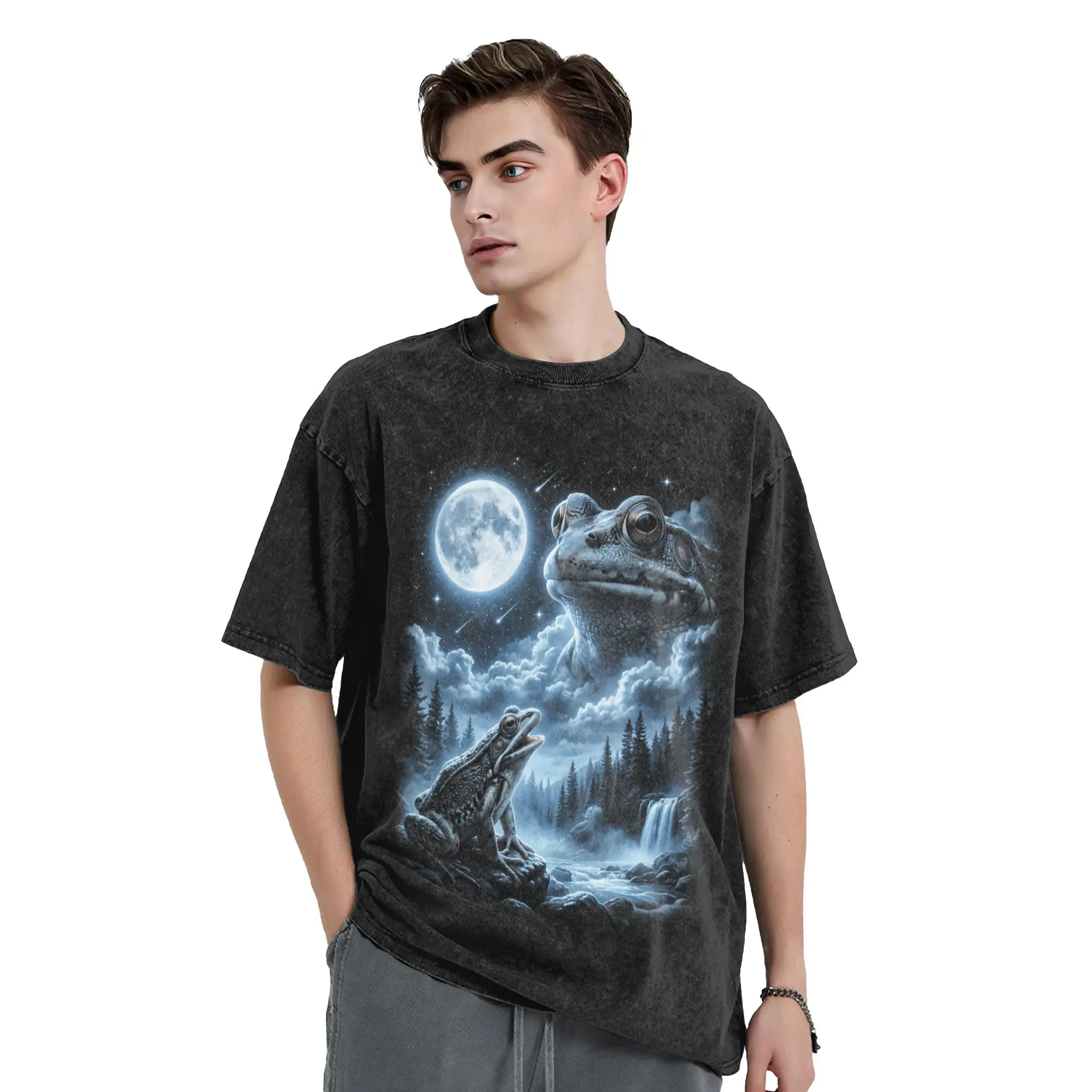 Man T-Shirt Frog Howling to The Moon Vintage 90s Retro Washed T-Shirts Hipster  Summer Tee Shirt Y2K Classic Cotton Clothing