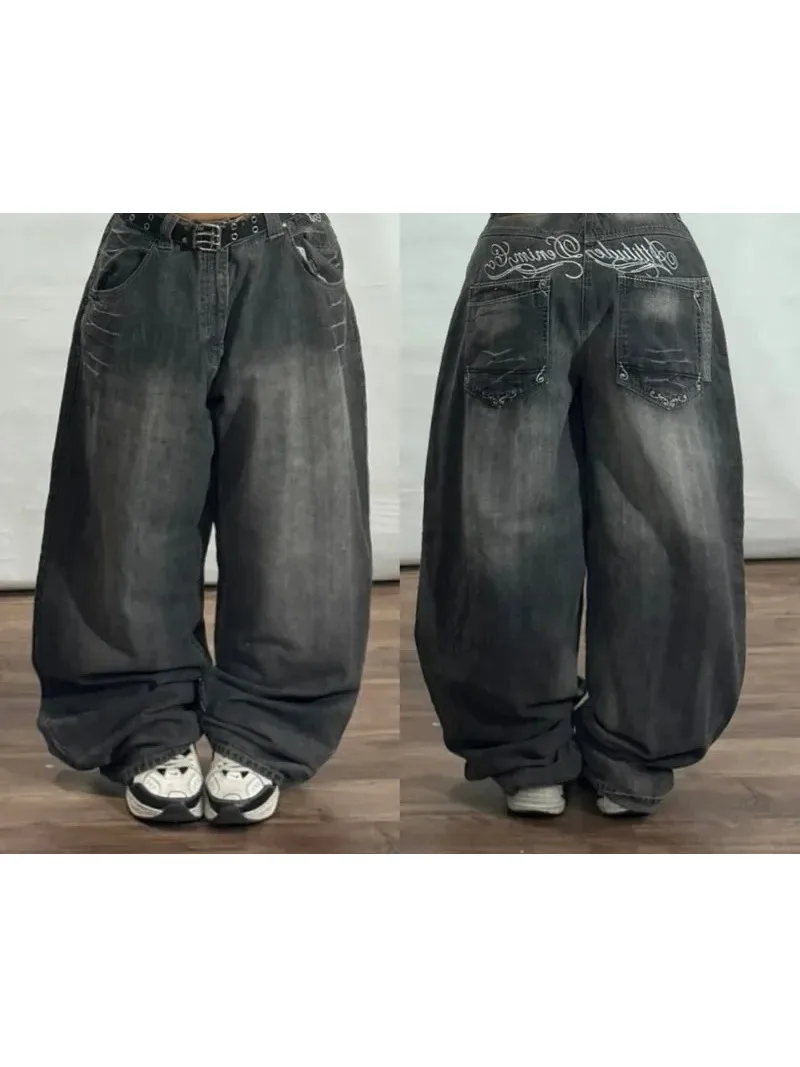 Streetwear New Vintage Letter Printing Washed Baggy Jeans Women Y2K Harajuku Hip Hop Popularne gotyckie spodnie z szeroką nogawką z wysokim stanem — zdjęcie 2