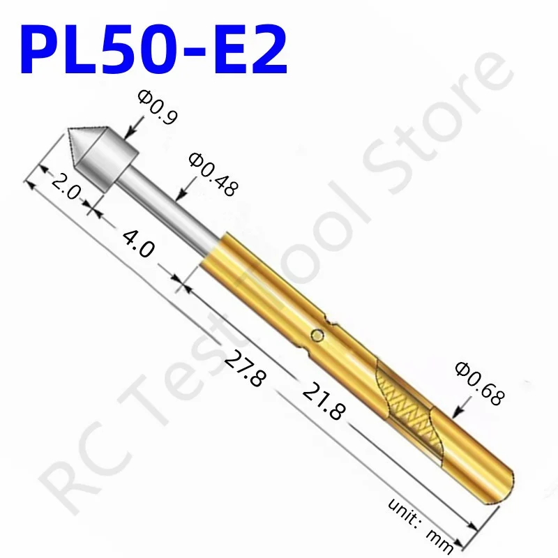 

100PCS PL50-E2 Spring Test Pin PL50-E Test Probe Copper Pogo Pin Metal Test Needle Test Tool 27.8mm Dia 0.68mm 0.90mm 0.48mm