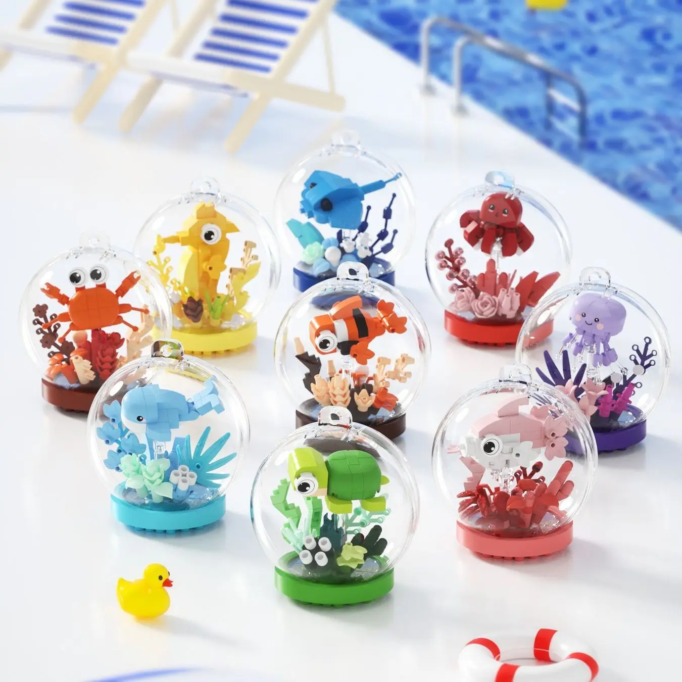 Bloques de Construcción de Animales Marinos en Miniatura en Bola de Cristal, Figuras de Pez Payaso, Tortuga, Cangrejo y Delfín, Juguete Educativo para Niños y Decoración del Hogar