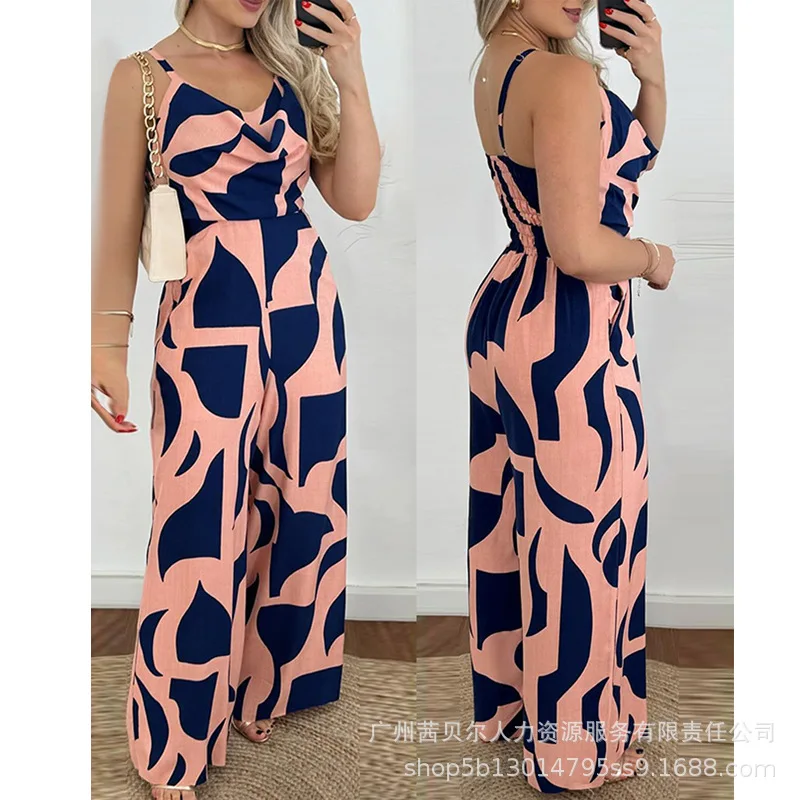 

2024 Spring Summer New Women's Clothing Sling Swing Collar Geometric Pattern Loose One-Piece Trousers