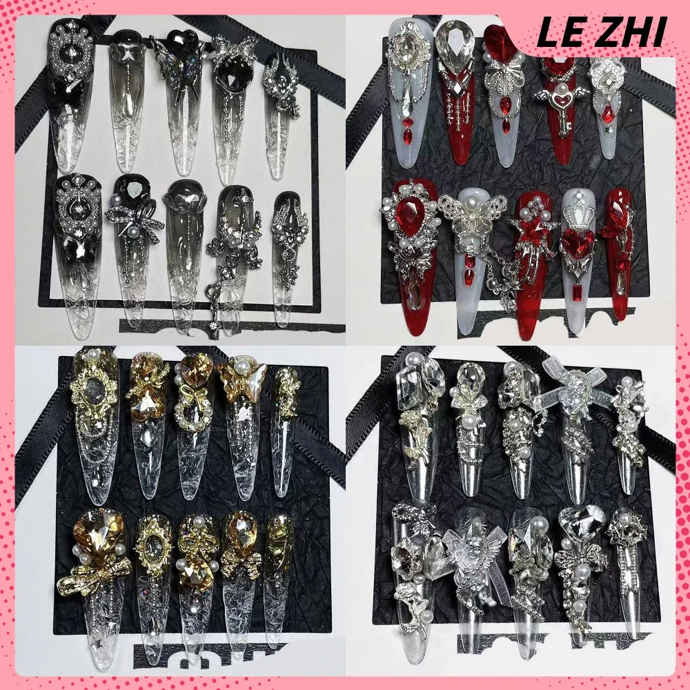 

10Pcs Colorful Spice Girl Handmade Long Coffin Stilettos Fake Nails 3D Metal Butterfly Bow Flowers Pearl Diamond Press On Nails