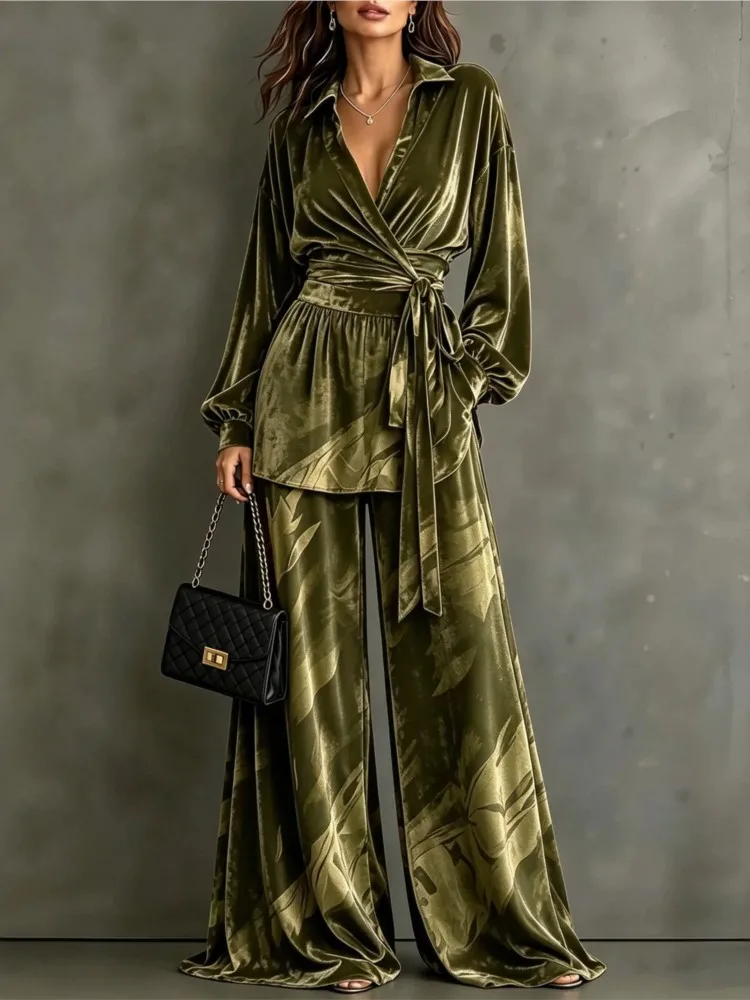 Women Velvet 2 Piece Set V-neck Wrap Lace Up Long Sleeve Top Wide Leg Pants Set Elegant Autumn Winter Office Lady Fashion Suit