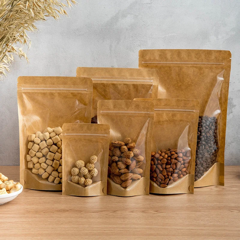 Kraft paper self sealing bag with window opening semi transparent tea nut food packaging bag self standing sealed storage bag