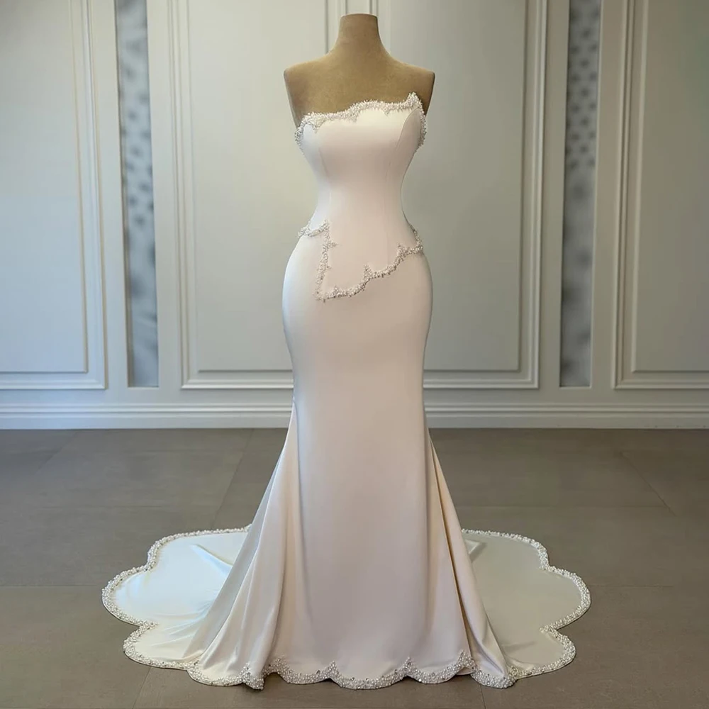 Modern Sweetheart Pearl Detail Wedding Dress Back Corset with Sweep Train Custom Made Mermaid Bridal Gown by Amanda Novias