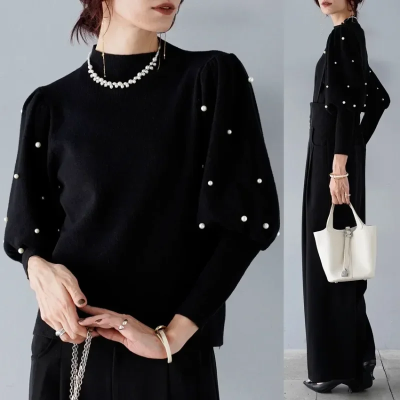 Autumn Winter New Half High Collar Pearls Beading Pullover Sweater Women\'s Black Long Sleeve Knitwear Tops Jumper Pull Femme