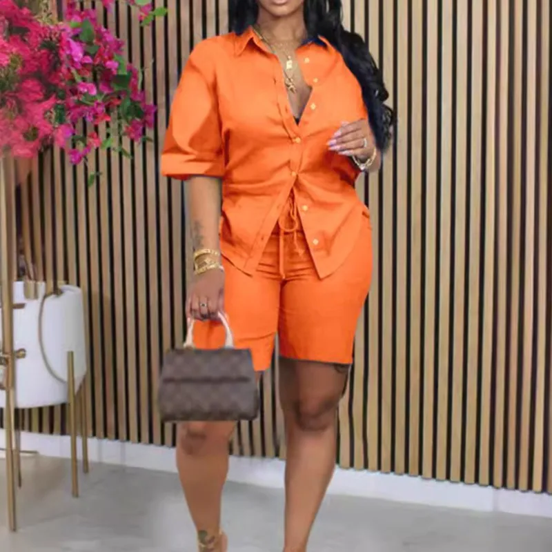 

New Spring Solid Fashion Two Piece Sets Women Outfits Fall Simple Long Sleeve Shirt Loose Shorts Set Office Casual Suit Women