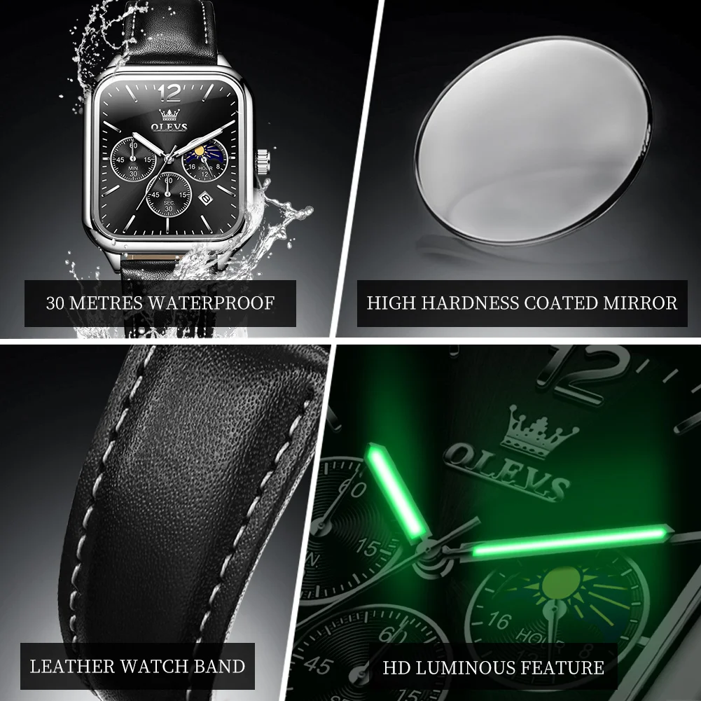OLEVS 9914 Business Quartz Watch For Men Chronograph Moon Phase Hand Clock Original Waterproof Luminous Top Brand Man Watches