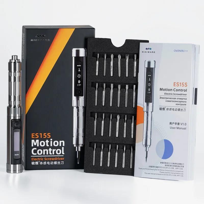 MINIWARE ES15S Intelligent Motion Control Electric Screwdriver USB Chargeable Cordless Screwdriver 24pcs 4mm Bit Set LED Lights