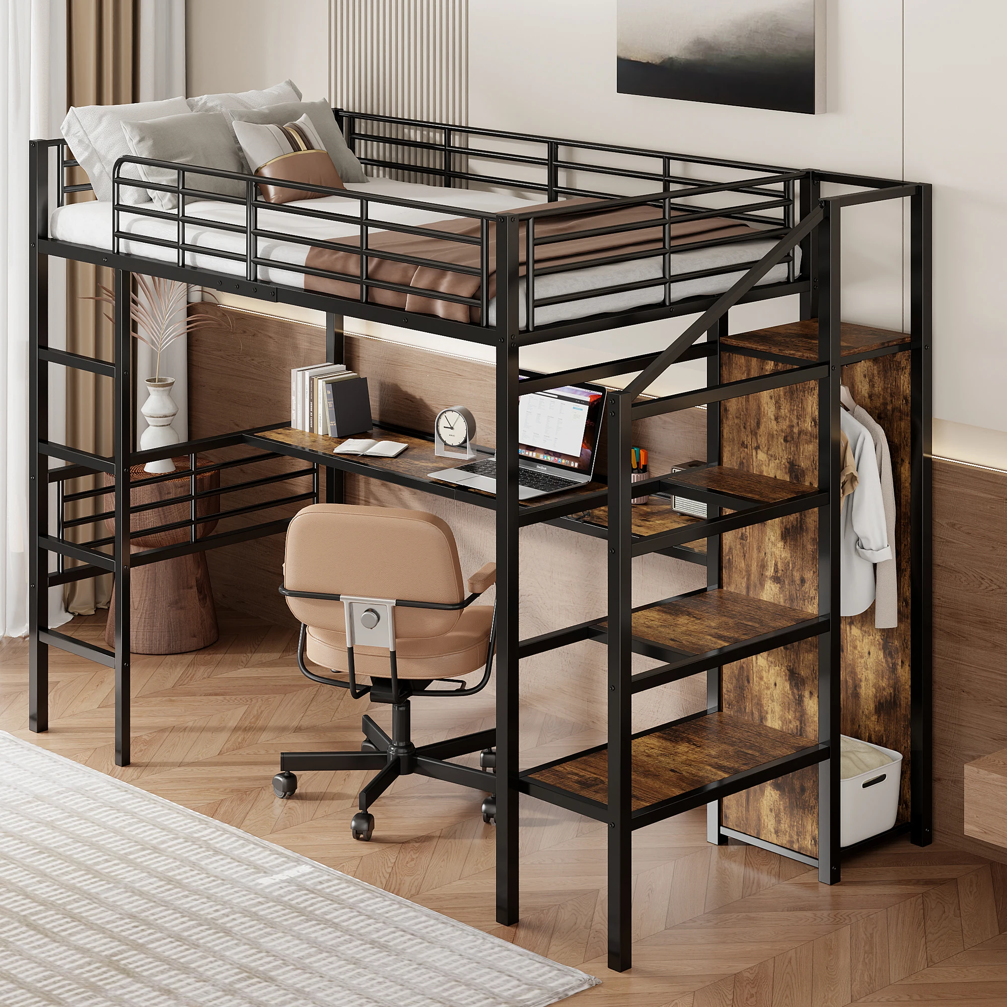 High bed 90x200 cm, desk, open closet, step stairs to the storage, iron frame, Black