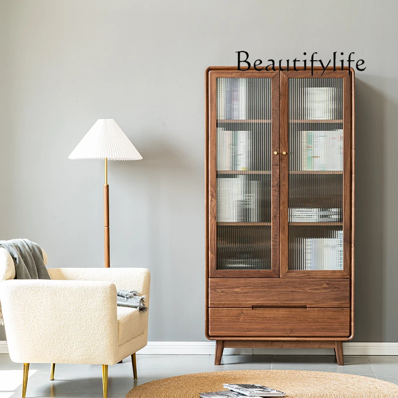 

Nordic Black Walnut Combination Large Capacity Bookcase Storage Cabinet Simple Study Floor Bookshelf