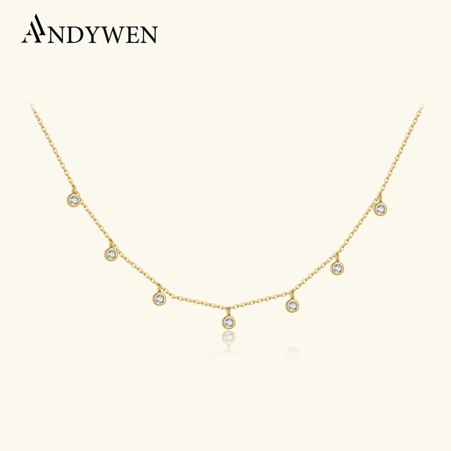 ANDYWEN 925 Sterling Silver Gold Round CZ Charm Pendant Chain Choker Women Double Chain Necklace 2021 Fashion Luxury Jewelry