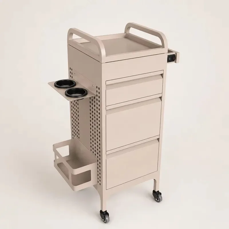 Modern aluminum salon cart with four wheels, adjustable height, three drawers, suitable for beauty salons, barber shops,