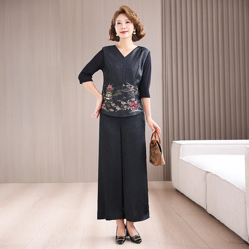 

Korean Style plus Size Women's Summer New Chinese Style Embroidered Casual Pants Two-Piece Set Comfortable Breathable Shirt