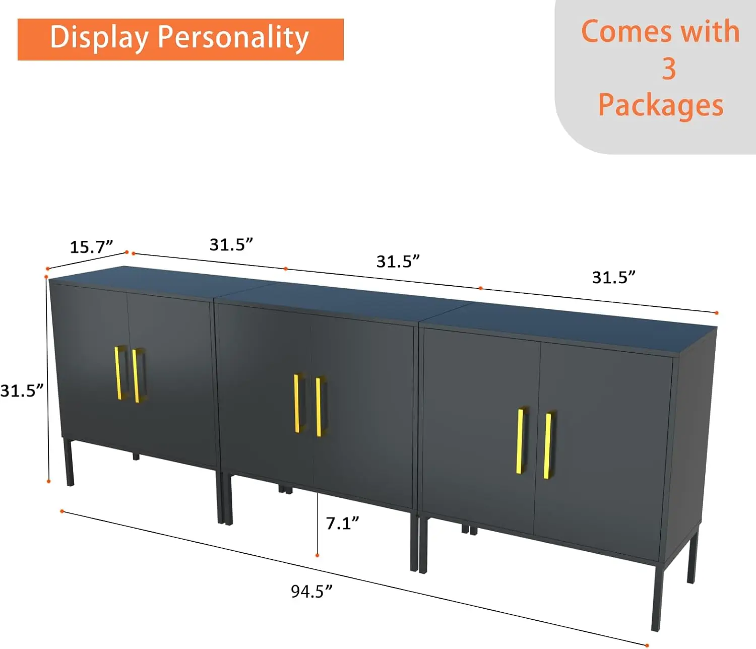 ตู้ไซด์บอร์ดบุฟเฟ่ต์พร้อมชั้นวางปรับระดับได้ สีดำทอง โมเดิร์น ทำจากไม้ สำหรับห้องนั่งเล่น ห้องครัว ทางเดิน ชุด 3 ชิ้น