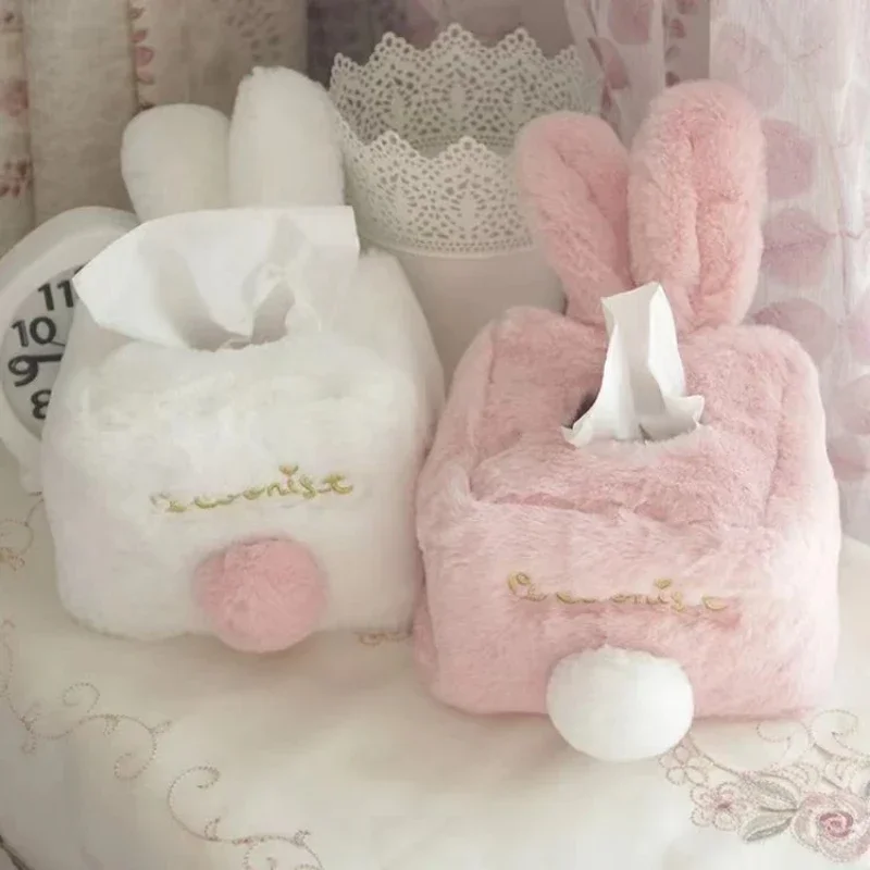 Kawaii Tissue Cover Cute Pink Plush Rabbit Tissues Storage Box Girls Gift Home Decoration Gift Toilet Paper Holder Napkin Case