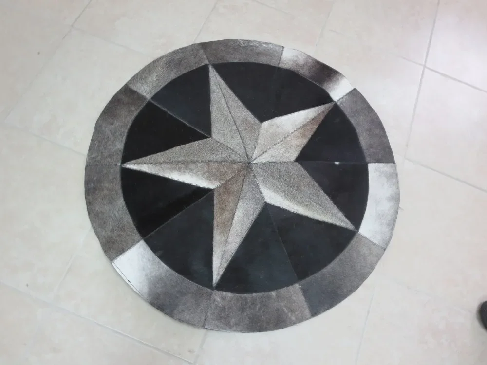 Handmade High Quality Cowhide Rug Leather Cow Hide Steer Patchwork Area Round Carpet Cowskin Rugs  Star Rodeo Smoky Black India