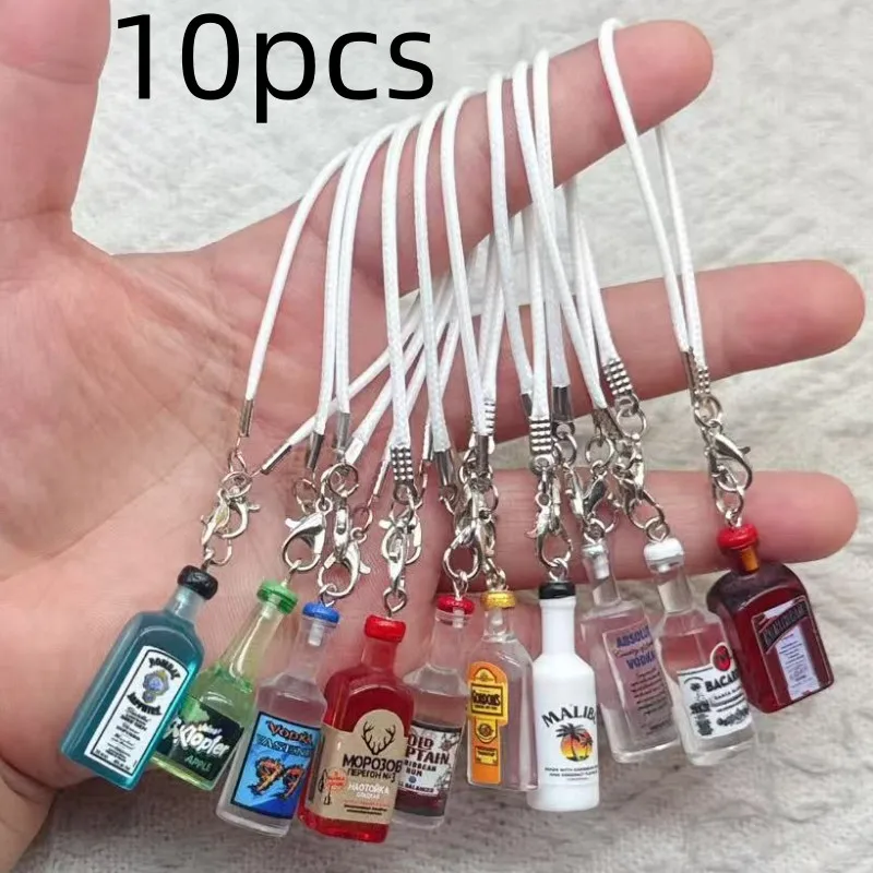 10pcs Resin Simulated wine bottle Phone Chain Key Lanyard Schoolbag Charm Pendant Bag Keychain Jewelry Gift for Girls And Kids