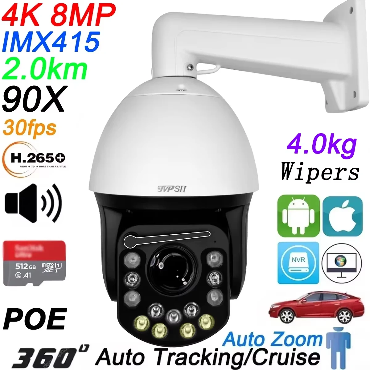 

Hik Onvif Metal Wipers Full Color Auto Tracking 30fps 8MP 4K 90X 54X Optical Zoom 360° POE PTZ IP Surveillance Speed Doom Camera
