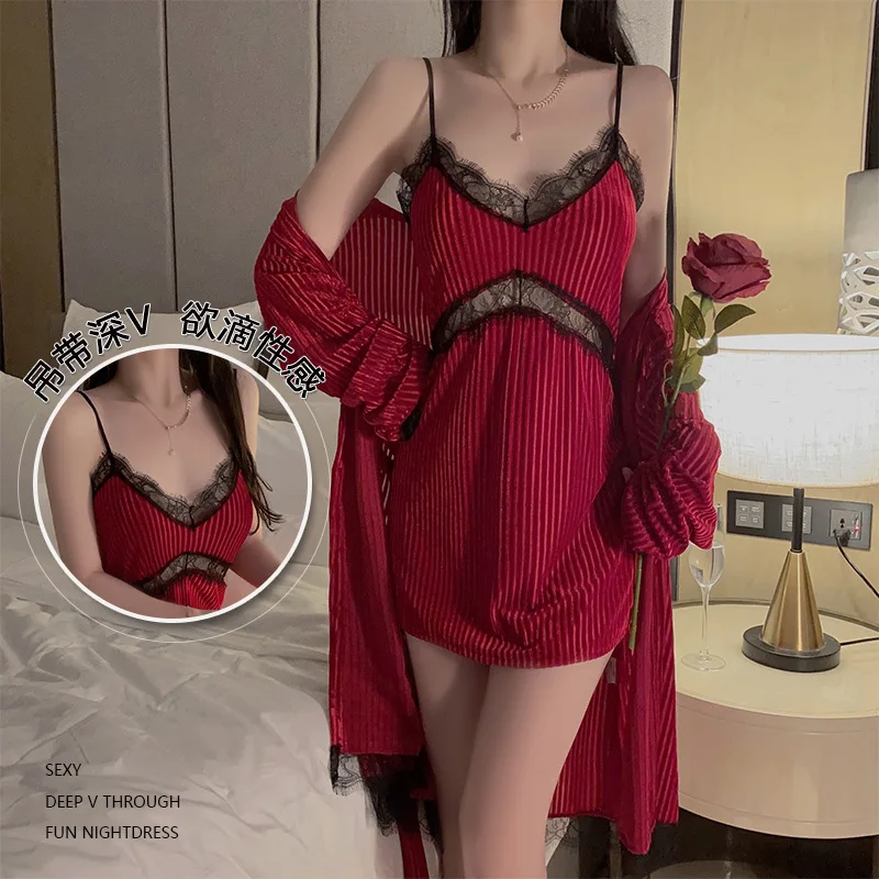 Women Velour 2PCS Pajamas Set Robe Gown Sleepwear Home Clothing Velvet Bathrobe Hollow Out Nightdress Autumn Loungewear