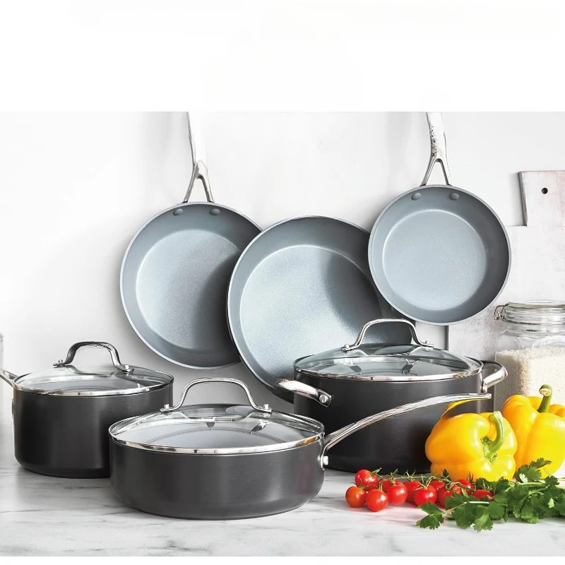 Hard Anodized 11 Piece Cookware Pots and Pans Set, Ceramic Nonstick PFAS-Free PFOA-Free Coating, Induction