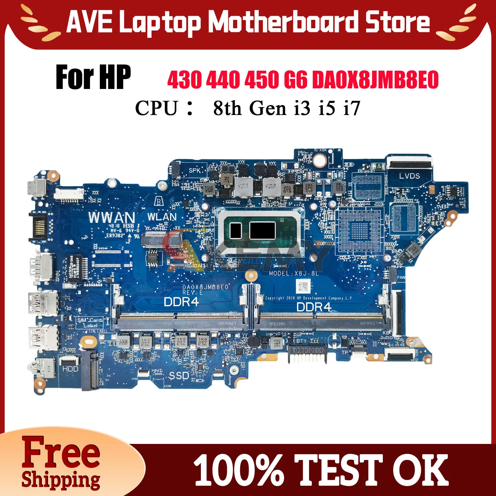 

DA0X8JMB8E0 For HP ProBook 440 450 G6 Laptop Motherboard With i5 i7 CPU UMA Tested OK