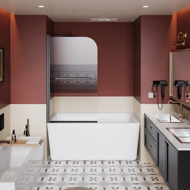 

32"W x 55"H Shower Door for Bathtub, 1/4" Thick Tempered Glass with Bohemian Pattern, Stainless Steel Handle, Black Finish