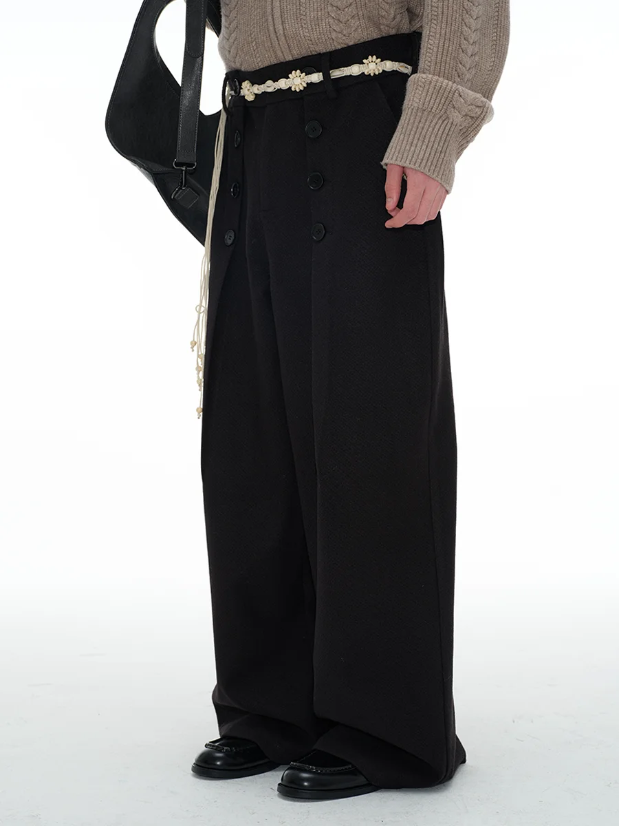 

JCAESAR Button Pants with 2 Resin Buttons Woolen Fabric Pleated Straight Leg Casual Trousers for Teens And Young Adults