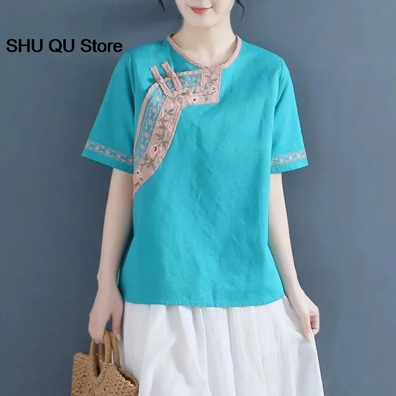 중국 면 및 대마 자수 상의, 동양 한푸, 루즈하고 편안한 상의, 중국 의류, 여름 신상