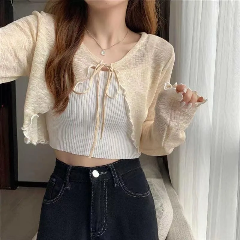 Crop Cardigan Knitted Solid Drawstring V-neck Summer OL Sweet Edible Tree Fungus Sun-proof Long Sleeve Tops Korean Trendy Casual