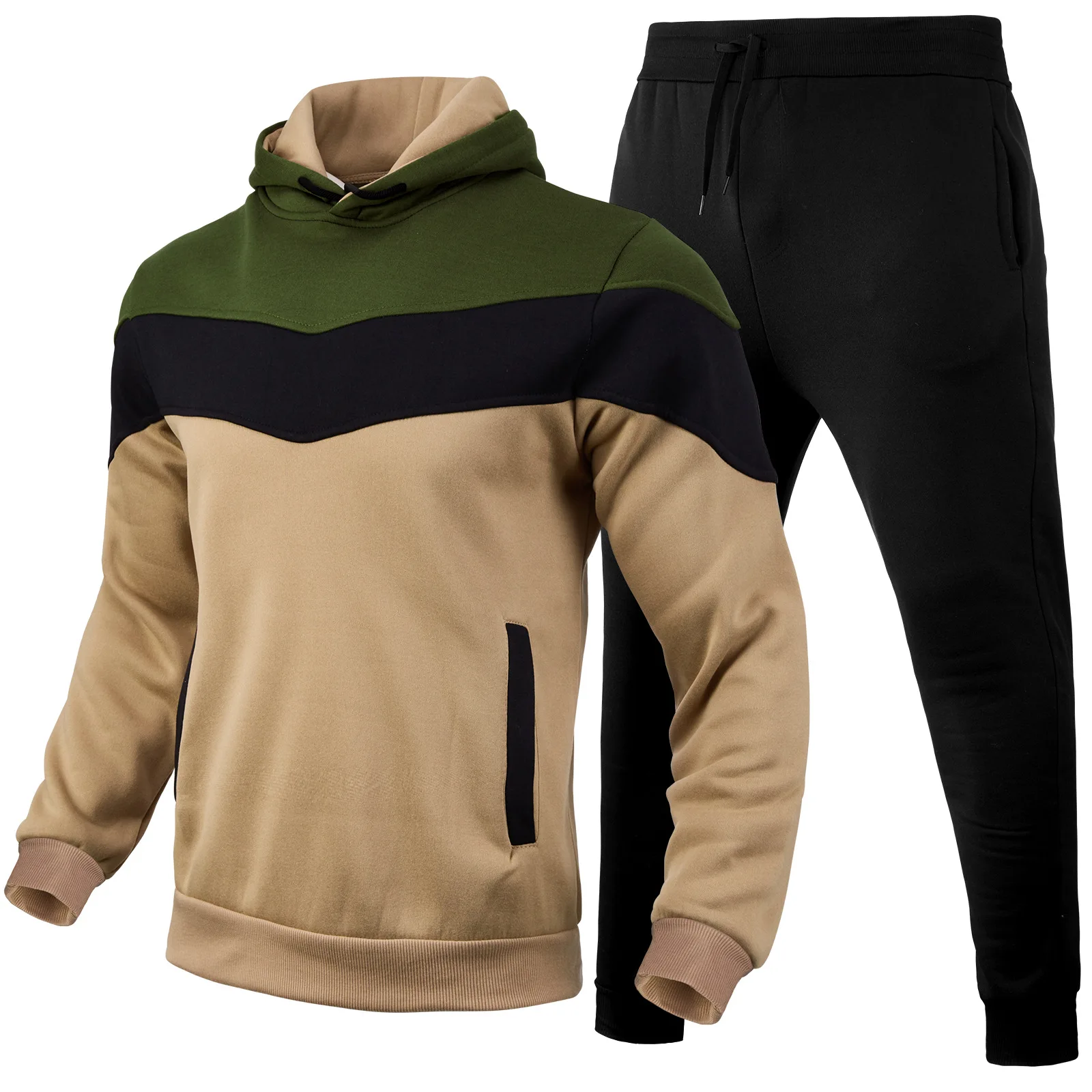 Autumn and winter sports hoodie set men\'s 3 color block hoodie, sportswear set hoodie and pants