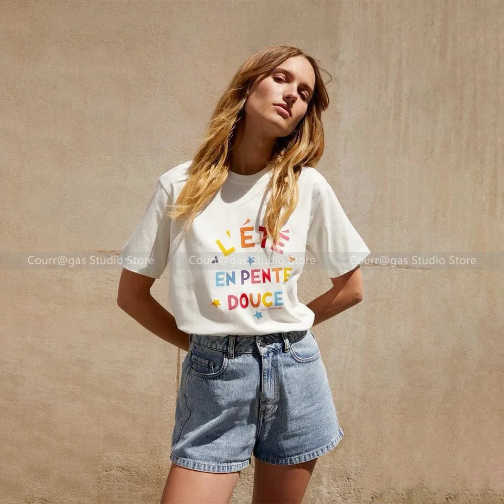 

White letters printed short-sleeved T-shirt female summer 2024 new Korean version of the loose thin and versatile tops