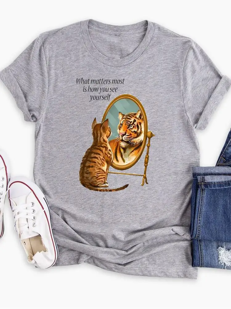 Camiseta con estampado de gato para mujer, ropa con estampado de dibujos animados, playera informal de moda de dibujos animados