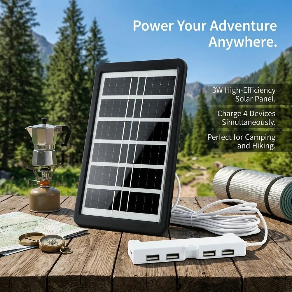 3W 5V Solar USB Charging Device with 4 Output Ports for Fans and Mobile Devices Supporting 5V USB-Powered Applications